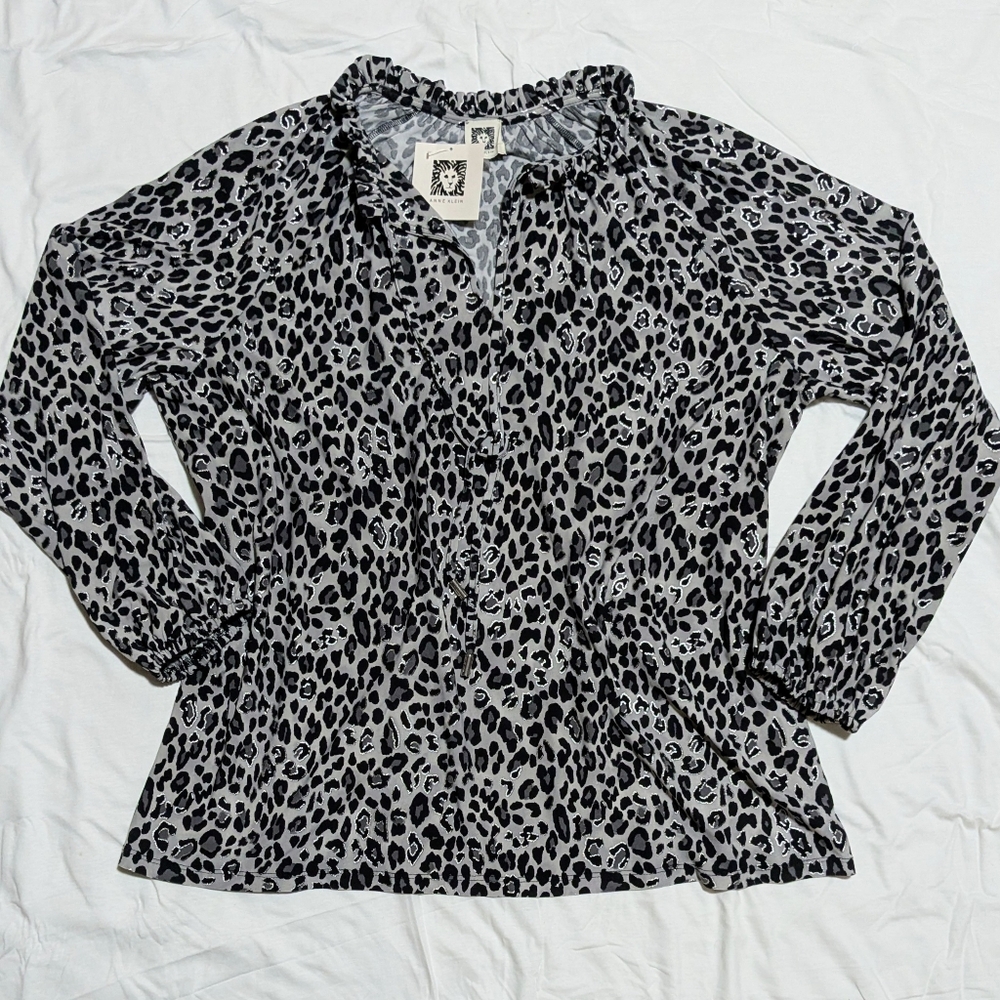 Anne Klein Gray Multi Animal Cheetah Leopard Print Blouse Tie Long Sleeve XL NWT